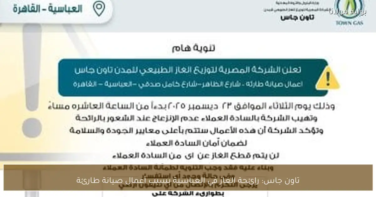 تاون جاس: رائحة الغاز في العباسية بسبب أعمال صيانة طارئة
